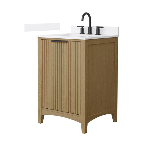 Wyndham Collection Palmilla 24" Single Bathroom Vanity in Natural Oak, White Quartz Countertop, Undermount Square Sink (3-Hole), Matte Black Trim