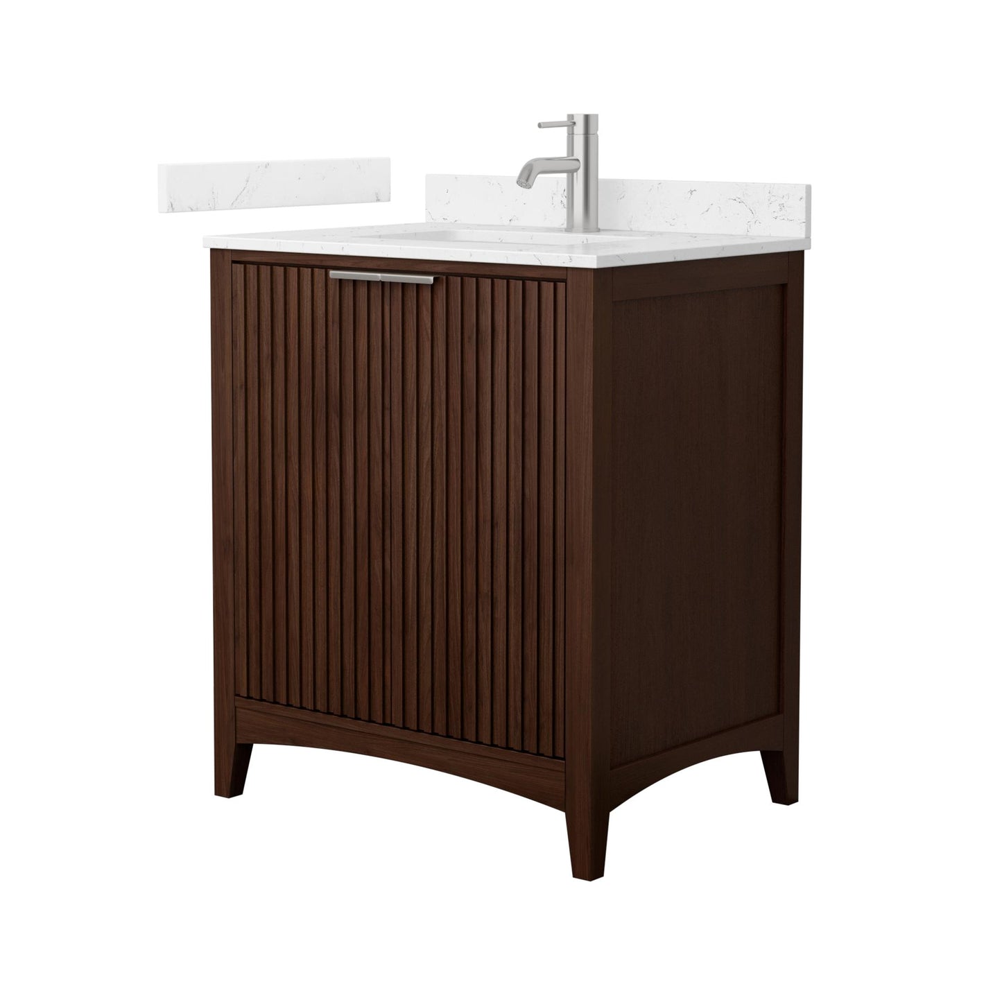 Wyndham Collection Palmilla 30" Single Bathroom Vanity in Dark Walnut, Carrara Cultured Marble Countertop, Undermount Square Sink (1-Hole), Brushed Nickel Trim