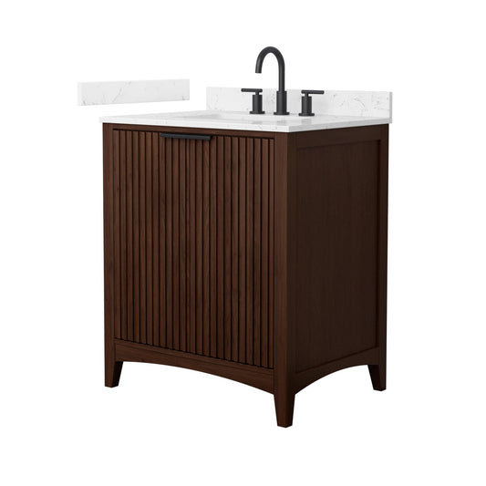 Wyndham Collection Palmilla 30" Single Bathroom Vanity in Dark Walnut, Carrara Cultured Marble Countertop, Undermount Square Sink (3-Hole), Matte Black Trim