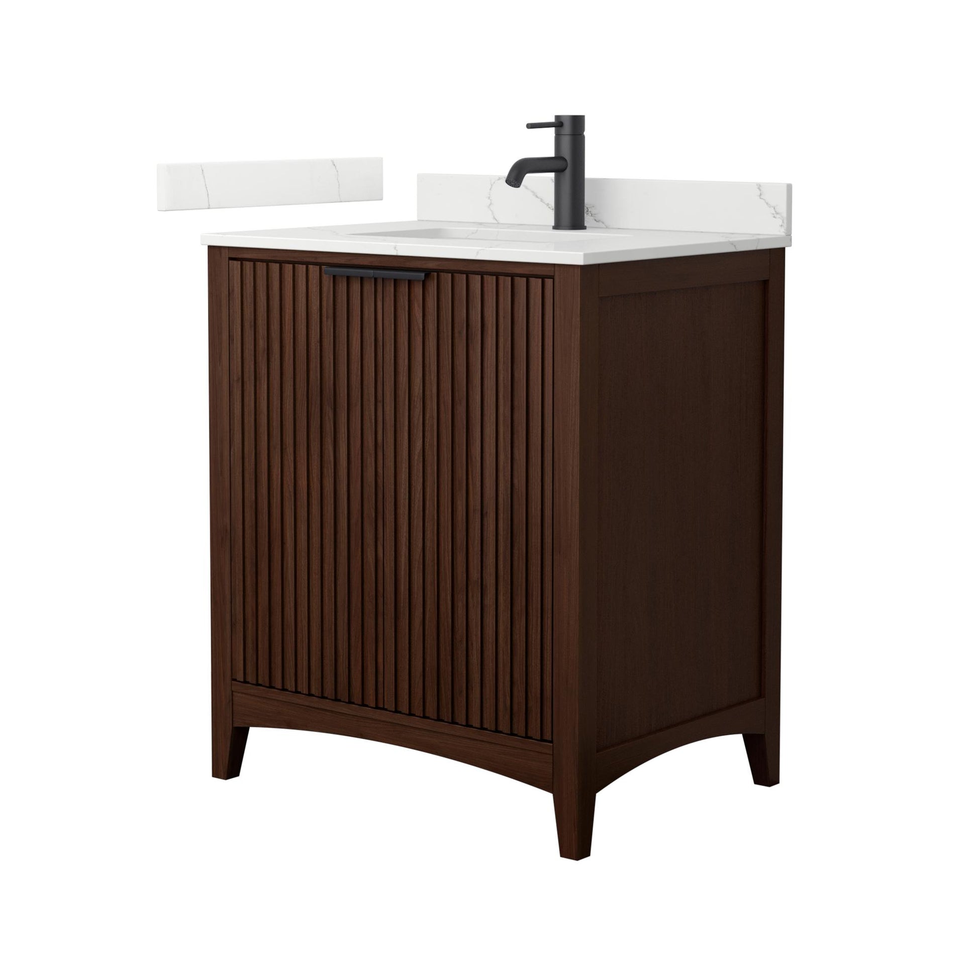 Wyndham Collection Palmilla 30" Single Bathroom Vanity in Dark Walnut, Giotto Quartz Countertop, Undermount Square Sink (1-Hole), Matte Black Trim
