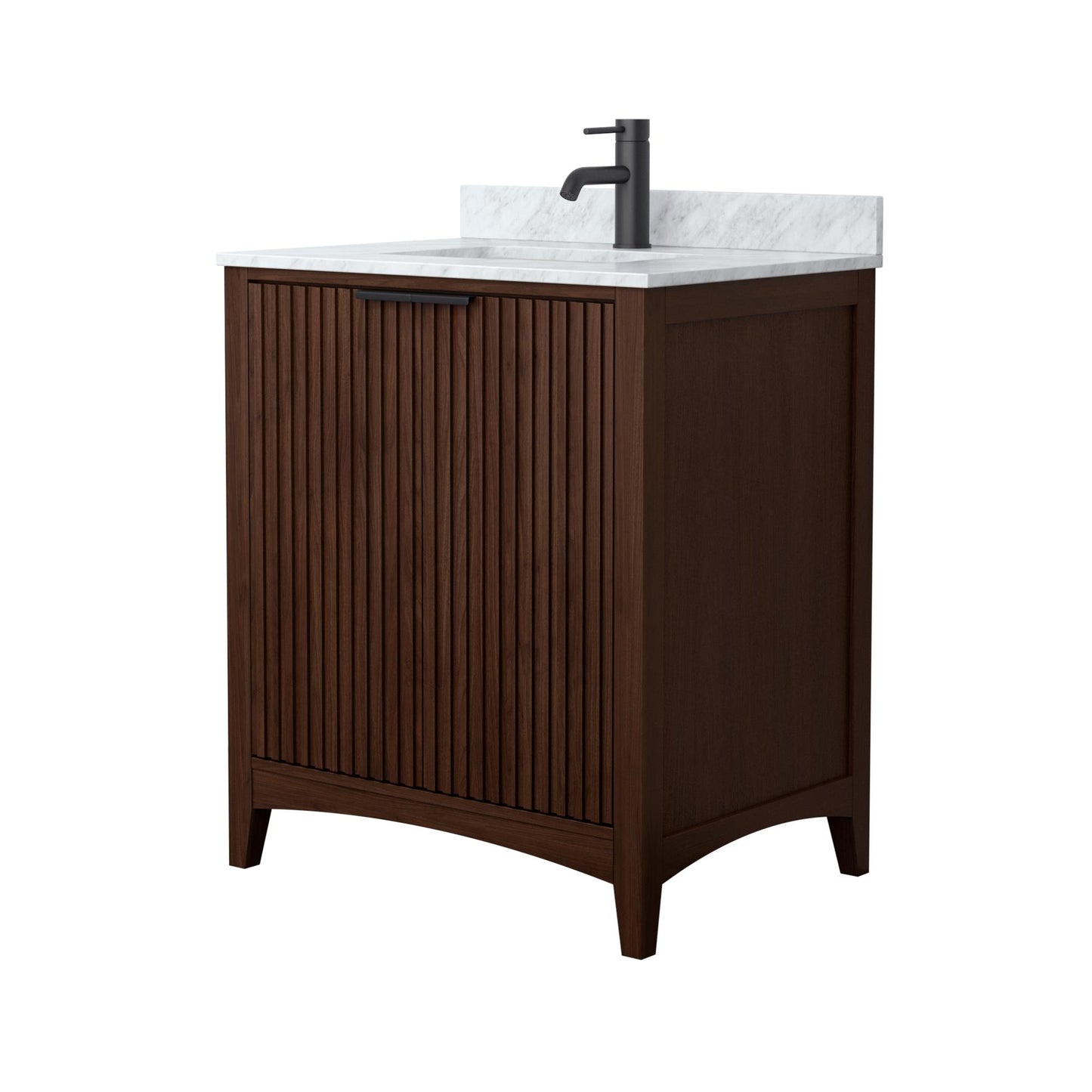 Wyndham Collection Palmilla 30" Single Bathroom Vanity in Dark Walnut, White Carrara Marble Countertop, Undermount Square Sink (1-Hole), Matte Black Trim