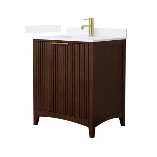 Wyndham Collection Palmilla 30" Single Bathroom Vanity in Dark Walnut, White Quartz Countertop, Undermount Square Sink (1-Hole), Brushed Gold Trim