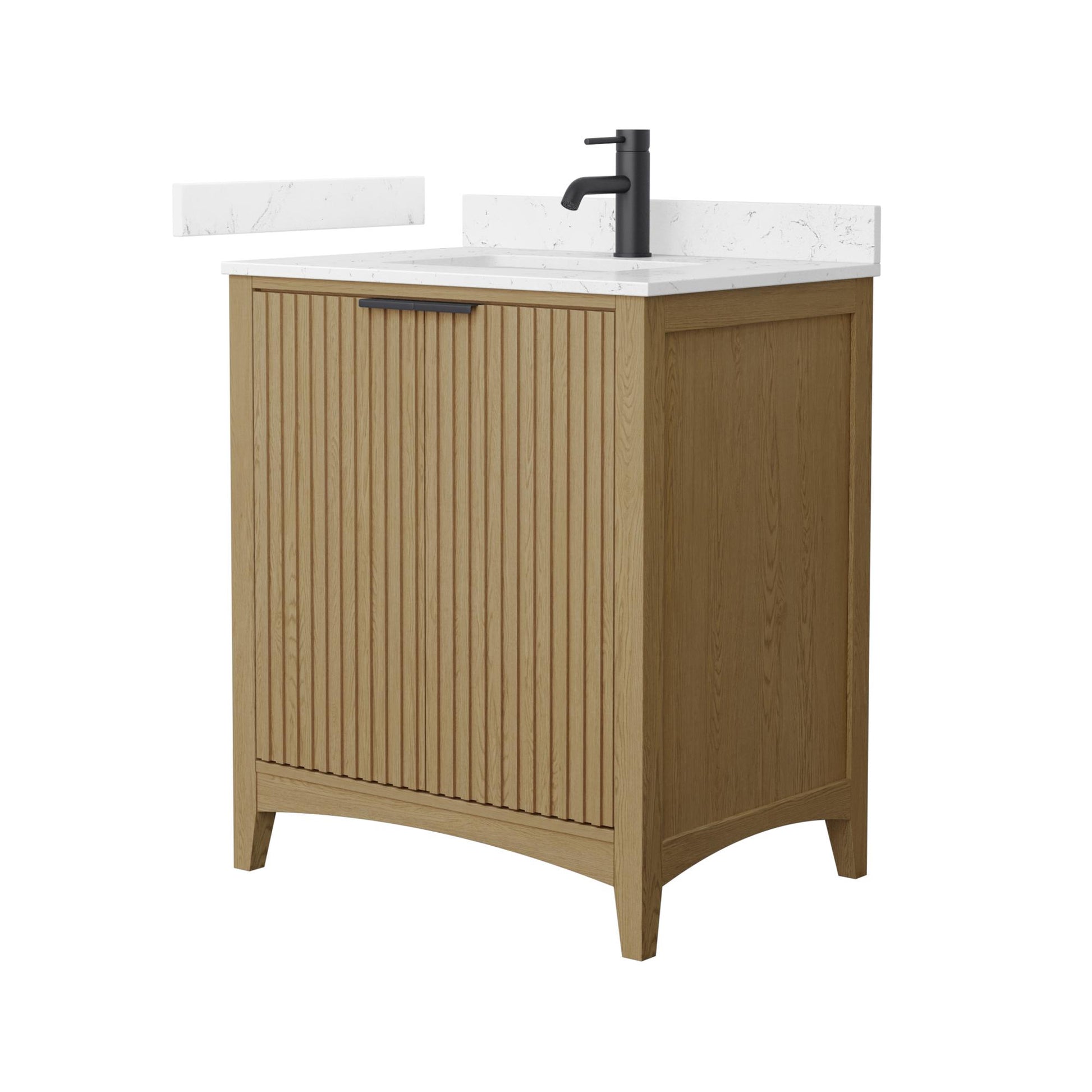 Wyndham Collection Palmilla 30" Single Bathroom Vanity in Natural Oak, Carrara Cultured Marble Countertop, Undermount Square Sink (1-Hole), Matte Black Trim