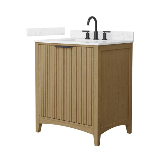 Wyndham Collection Palmilla 30" Single Bathroom Vanity in Natural Oak, Carrara Cultured Marble Countertop, Undermount Square Sink (3-Hole), Matte Black Trim