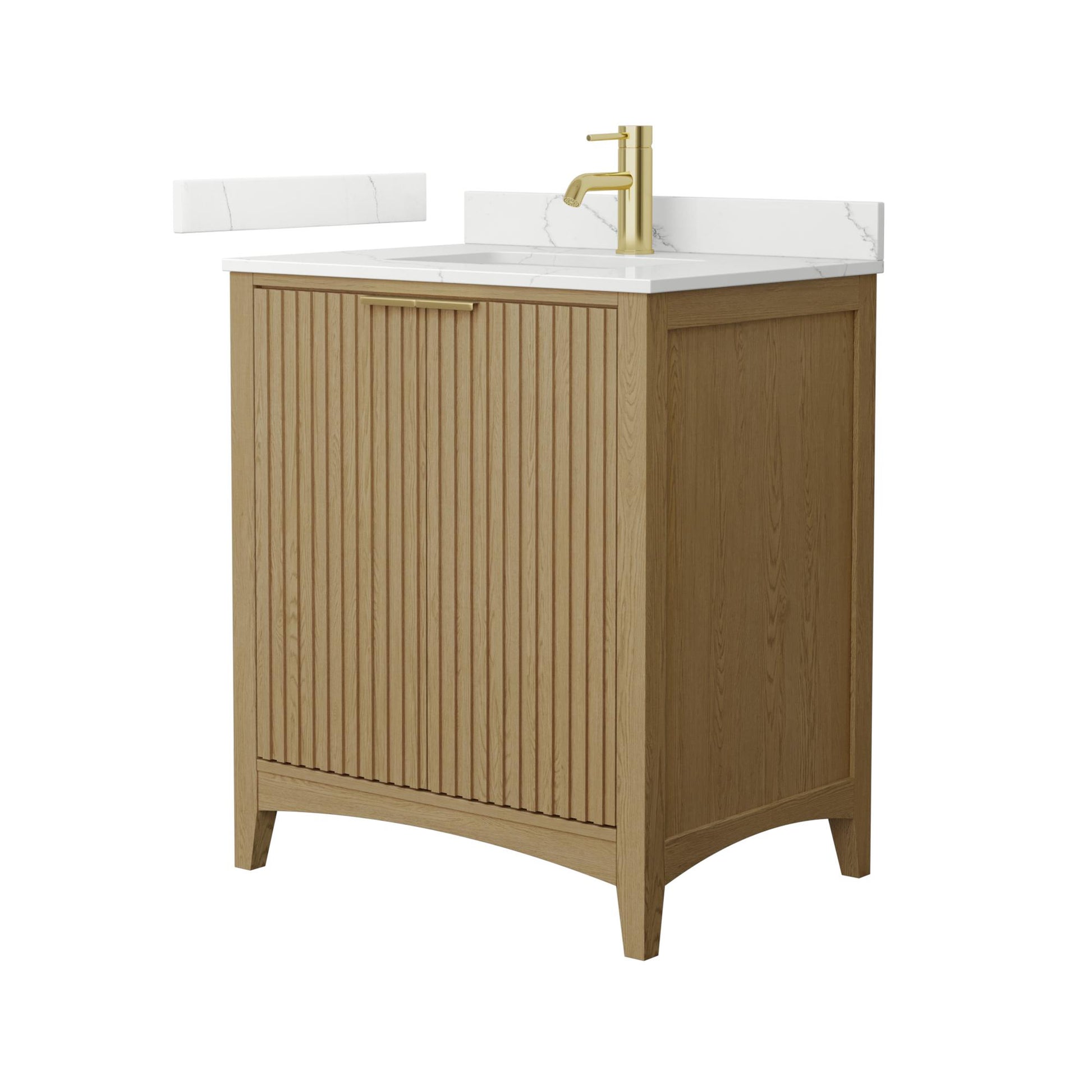Wyndham Collection Palmilla 30" Single Bathroom Vanity in Natural Oak, Giotto Quartz Countertop, Undermount Square Sink (1-Hole), Brushed Gold Trim