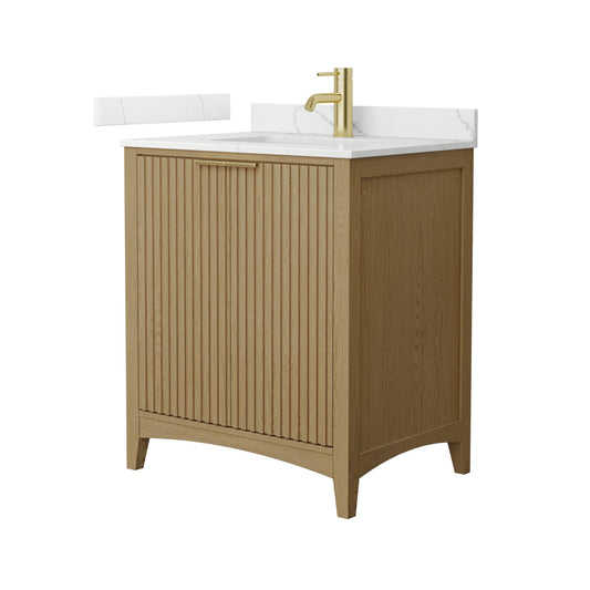 Wyndham Collection Palmilla 30" Single Bathroom Vanity in Natural Oak, Giotto Quartz Countertop, Undermount Square Sink (1-Hole), Brushed Gold Trim