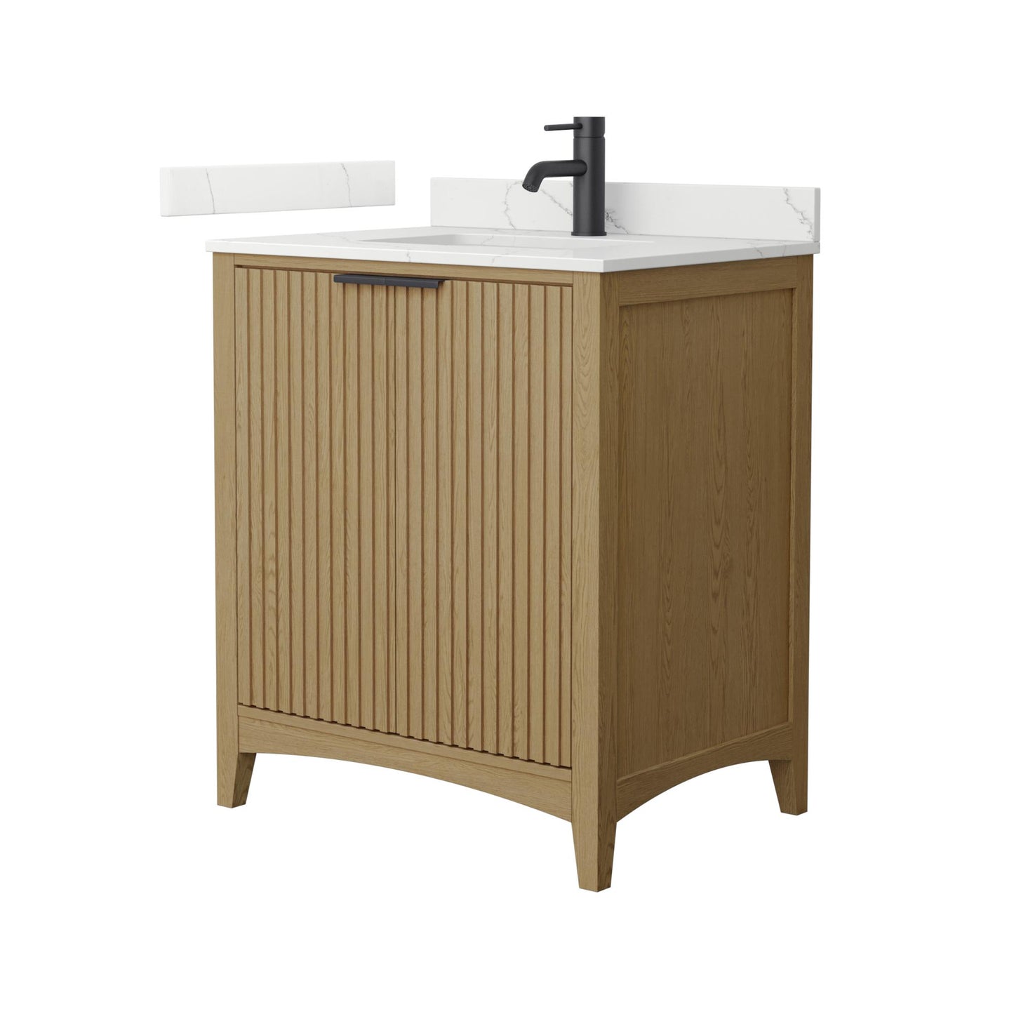 Wyndham Collection Palmilla 30" Single Bathroom Vanity in Natural Oak, Giotto Quartz Countertop, Undermount Square Sink (1-Hole), Matte Black Trim