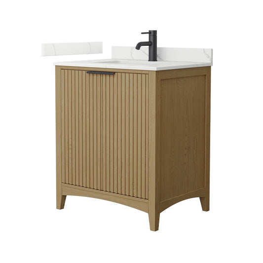 Wyndham Collection Palmilla 30" Single Bathroom Vanity in Natural Oak, Giotto Quartz Countertop, Undermount Square Sink (1-Hole), Matte Black Trim