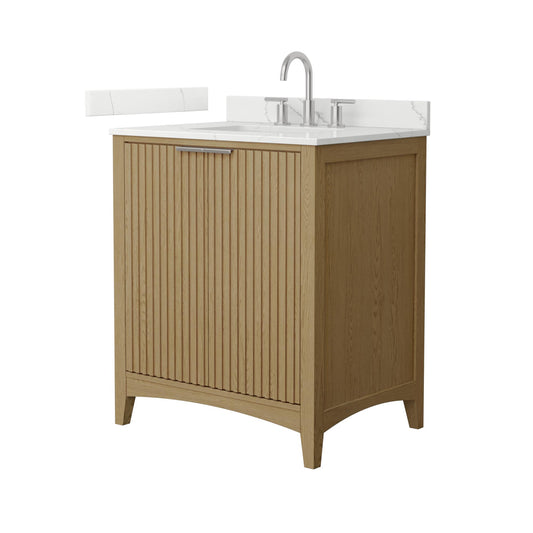 Wyndham Collection Palmilla 30" Single Bathroom Vanity in Natural Oak, Giotto Quartz Countertop, Undermount Square Sink (3-Hole), Brushed Nickel Trim