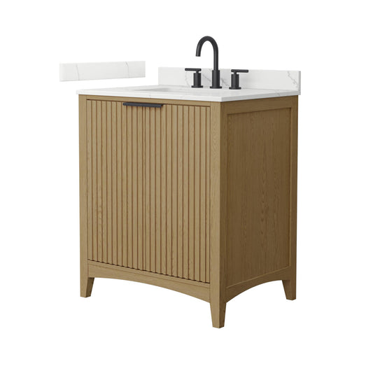 Wyndham Collection Palmilla 30" Single Bathroom Vanity in Natural Oak, Giotto Quartz Countertop, Undermount Square Sink (3-Hole), Matte Black Trim