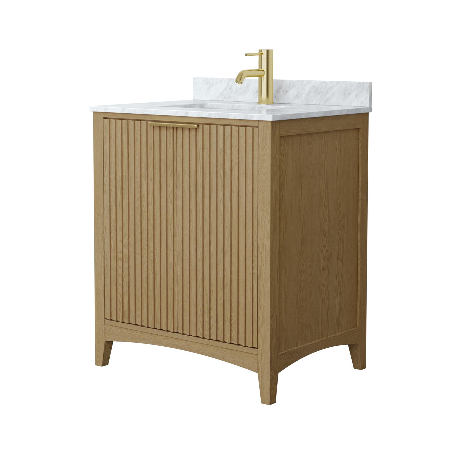 Wyndham Collection Palmilla 30" Single Bathroom Vanity in Natural Oak, White Carrara Marble Countertop, Undermount Square Sink (1-Hole), Brushed Gold Trim