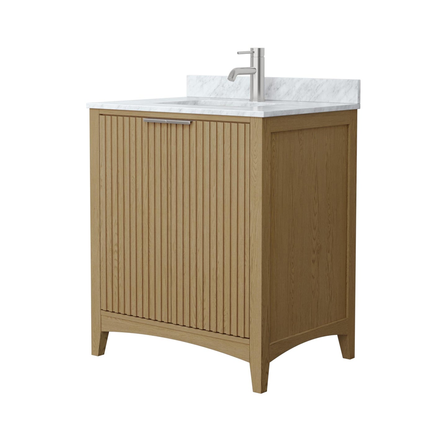 Wyndham Collection Palmilla 30" Single Bathroom Vanity in Natural Oak, White Carrara Marble Countertop, Undermount Square Sink (1-Hole), Brushed Nickel Trim
