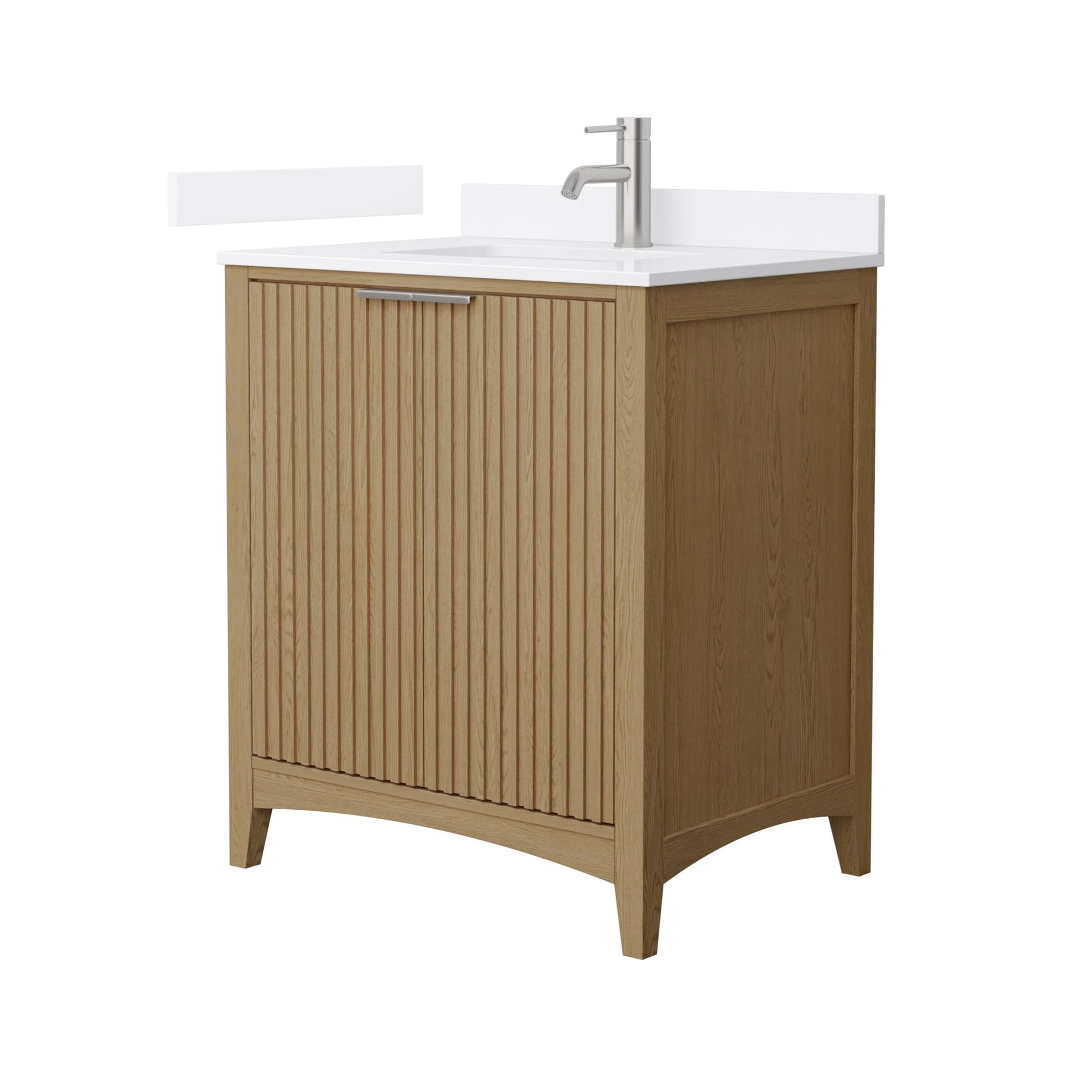Wyndham Collection Palmilla 30" Single Bathroom Vanity in Natural Oak, White Quartz Countertop, Undermount Square Sink (1-Hole), Brushed Nickel Trim