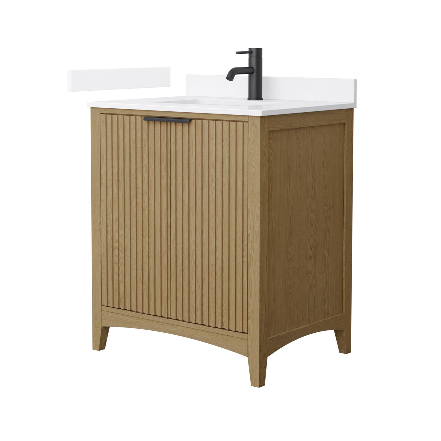 Wyndham Collection Palmilla 30" Single Bathroom Vanity in Natural Oak, White Quartz Countertop, Undermount Square Sink (1-Hole), Matte Black Trim