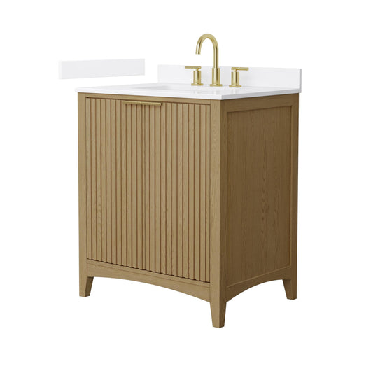 Wyndham Collection Palmilla 30" Single Bathroom Vanity in Natural Oak, White Quartz Countertop, Undermount Square Sink (3-Hole), Brushed Gold Trim