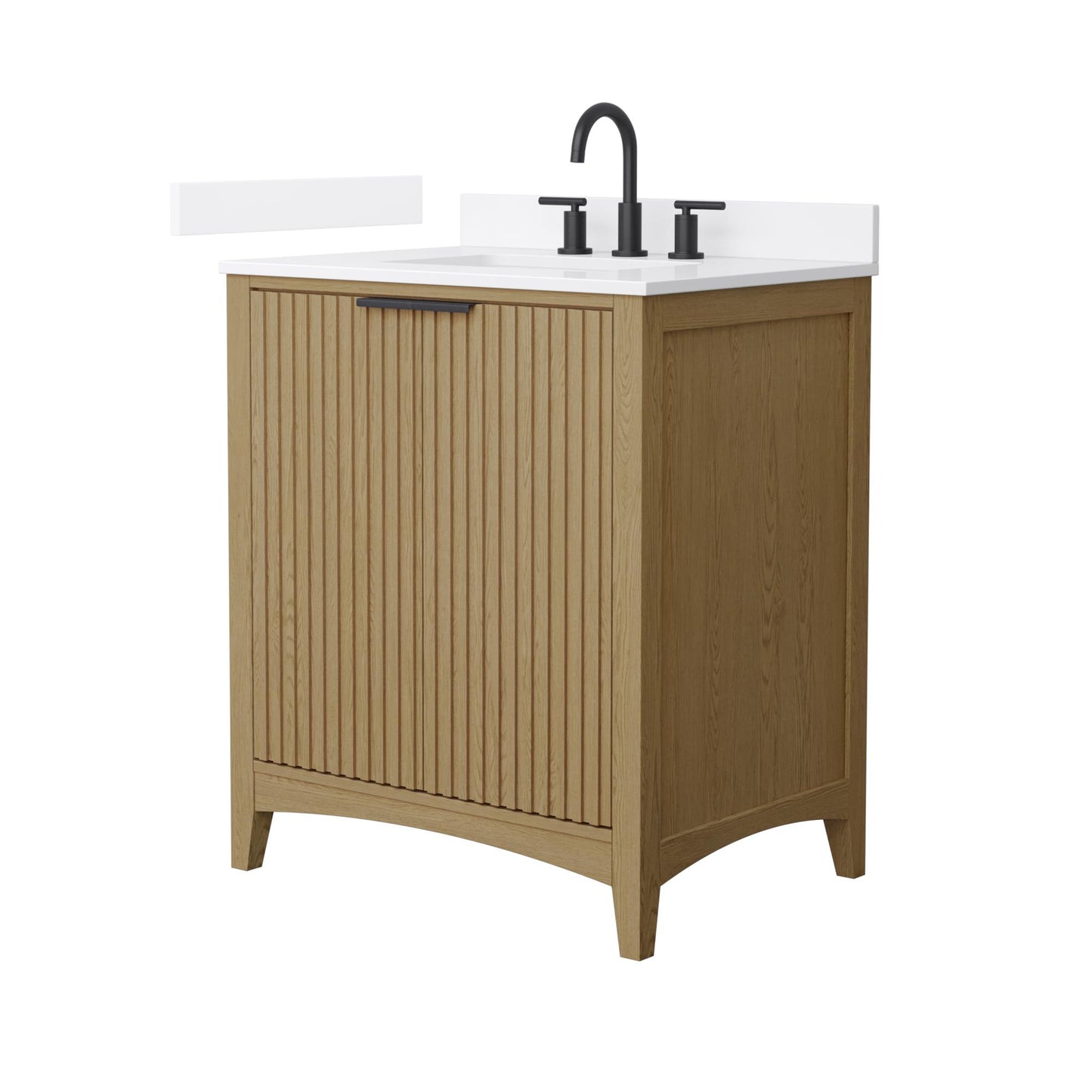 Wyndham Collection Palmilla 30" Single Bathroom Vanity in Natural Oak, White Quartz Countertop, Undermount Square Sink (3-Hole), Matte Black Trim