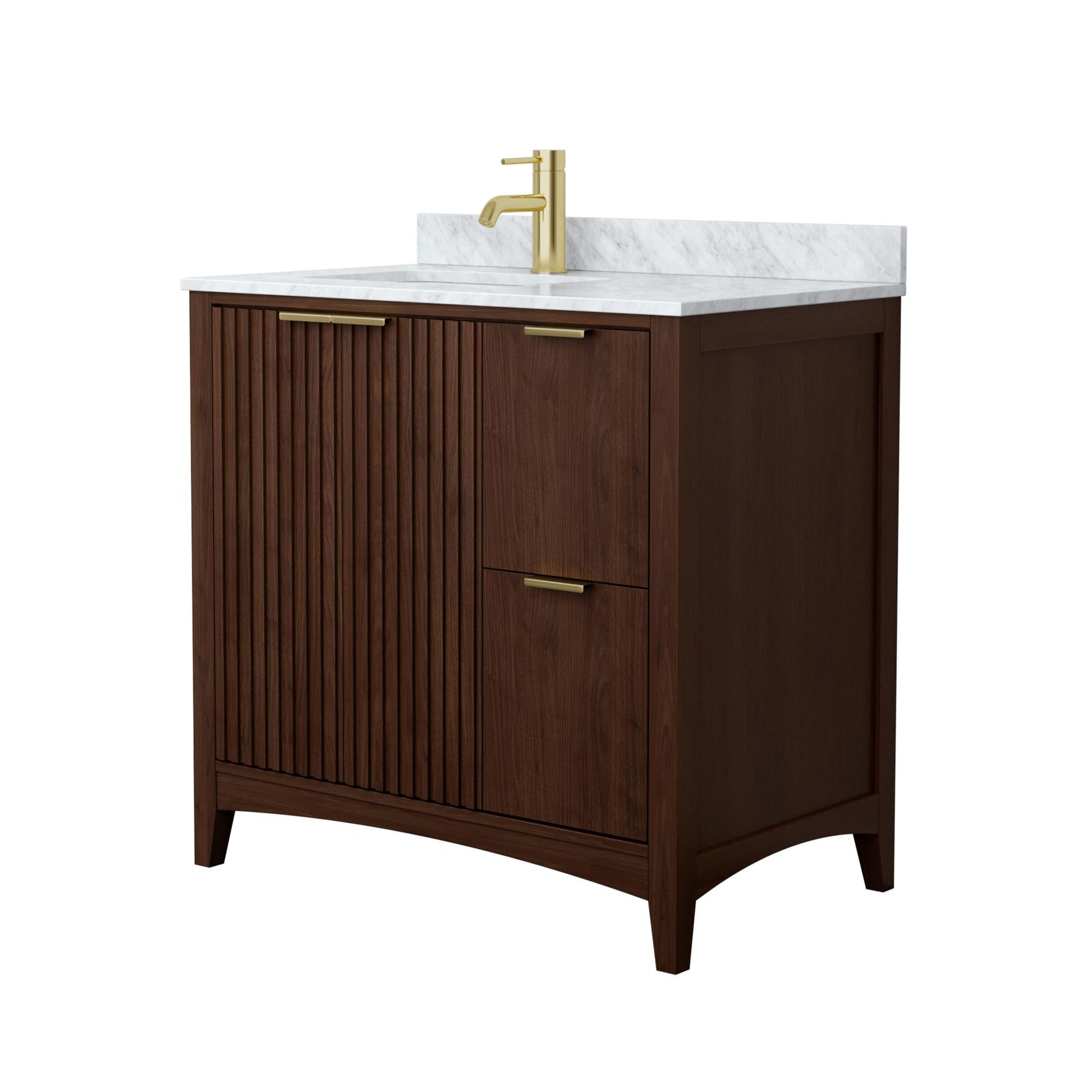 Wyndham Collection Palmilla 36" Single Bathroom Vanity in Dark Walnut, White Carrara Marble Countertop, Undermount Square Sink (1-Hole), Brushed Gold Trim