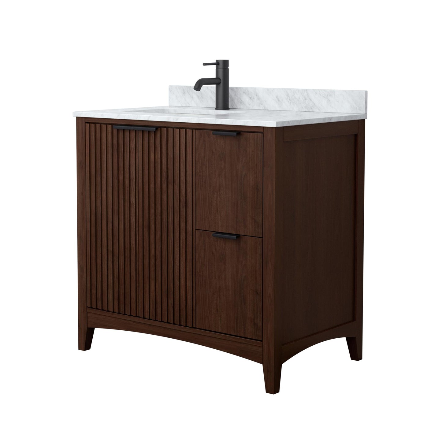 Wyndham Collection Palmilla 36" Single Bathroom Vanity in Dark Walnut, White Carrara Marble Countertop, Undermount Square Sink (1-Hole), Matte Black Trim