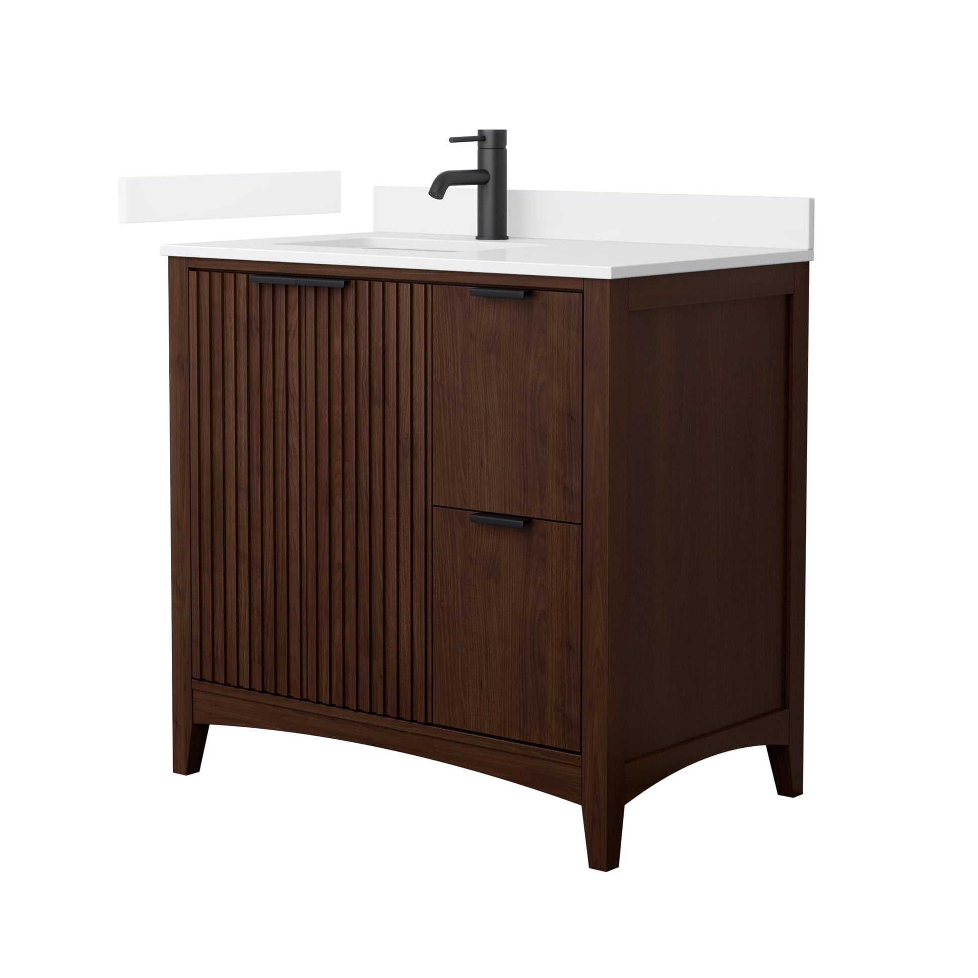 Wyndham Collection Palmilla 36" Single Bathroom Vanity in Dark Walnut, White Cultured Marble Countertop, Undermount Square Sink (1-Hole), Matte Black Trim