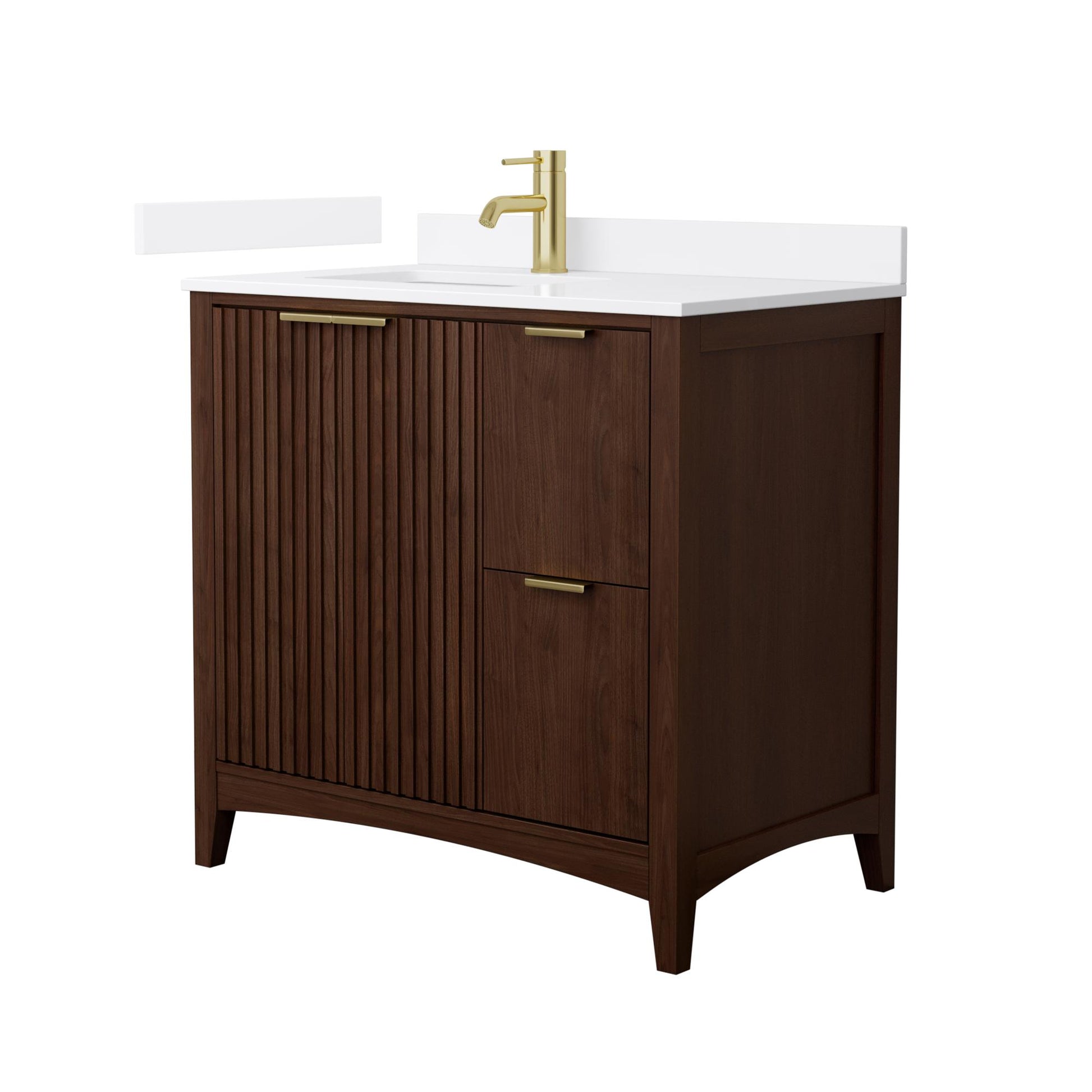 Wyndham Collection Palmilla 36" Single Bathroom Vanity in Dark Walnut, White Quartz Countertop, Undermount Square Sink (1-Hole), Brushed Gold Trim