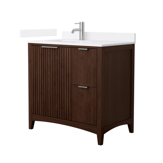 Wyndham Collection Palmilla 36" Single Bathroom Vanity in Dark Walnut, White Quartz Countertop, Undermount Square Sink (1-Hole), Brushed Nickel Trim