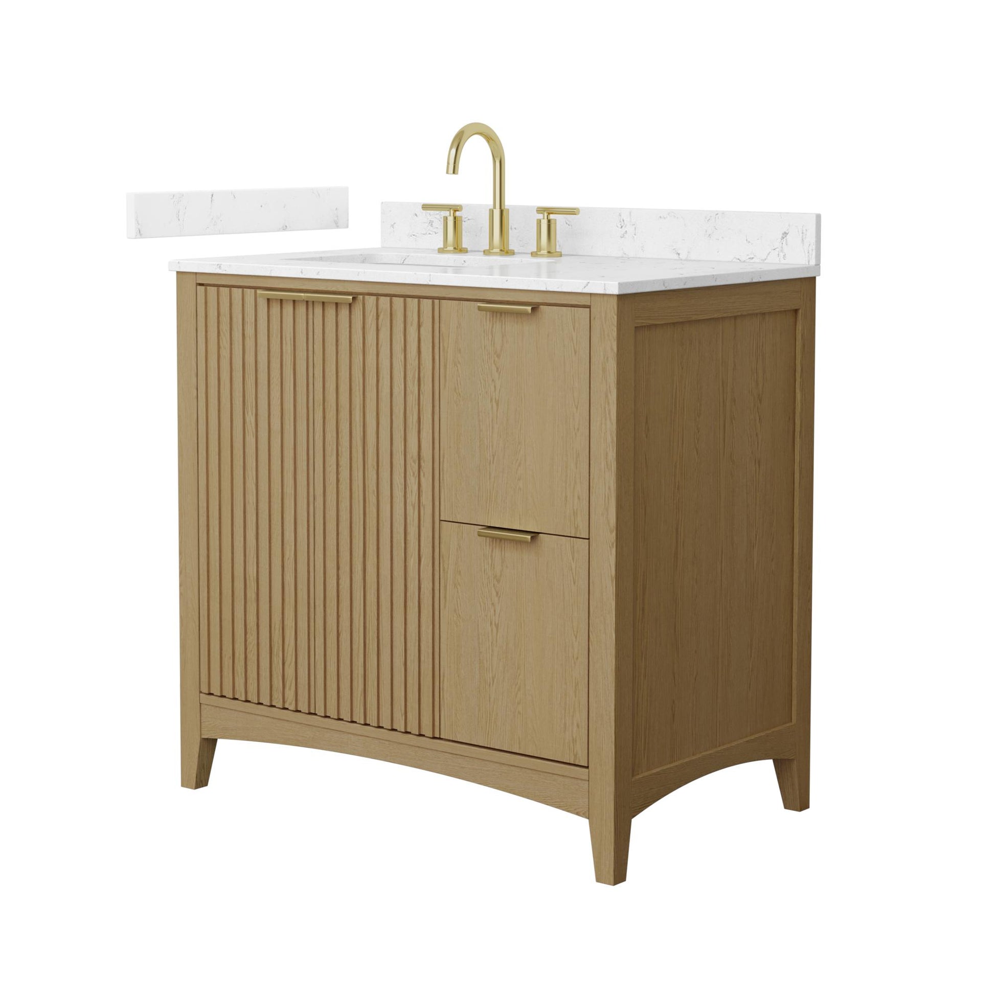 Wyndham Collection Palmilla 36" Single Bathroom Vanity in Natural Oak, Carrara Cultured Marble Countertop, Undermount Square Sink (3-Hole), Brushed Gold Trim
