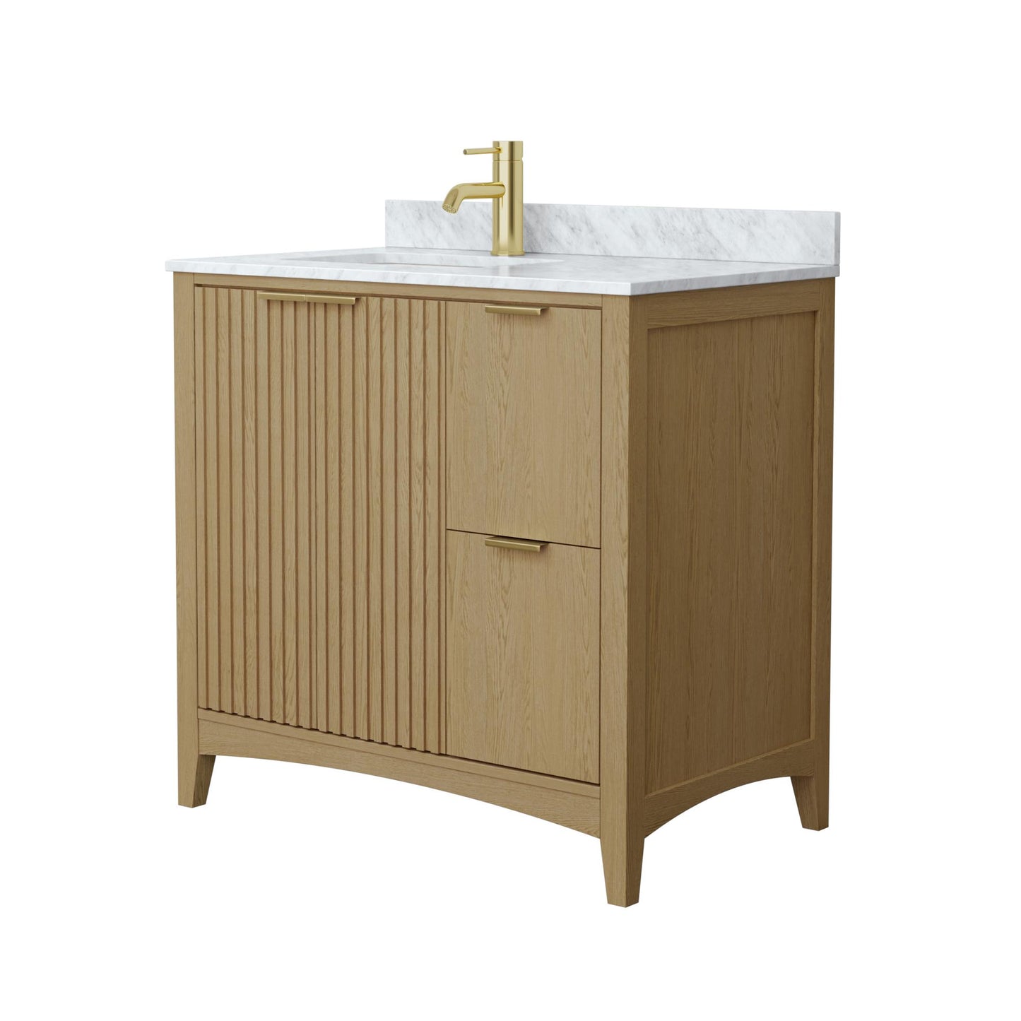 Wyndham Collection Palmilla 36" Single Bathroom Vanity in Natural Oak, White Carrara Marble Countertop, Undermount Square Sink (1-Hole), Brushed Gold Trim