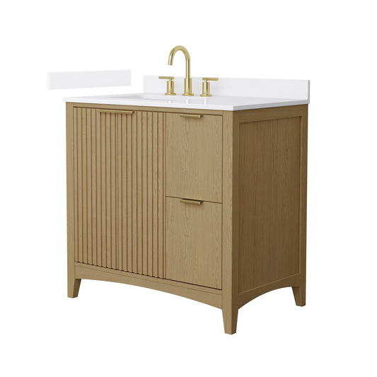 Wyndham Collection Palmilla 36" Single Bathroom Vanity in Natural Oak, White Cultured Marble Countertop, Undermount Square Sink (3-Hole), Brushed Gold Trim