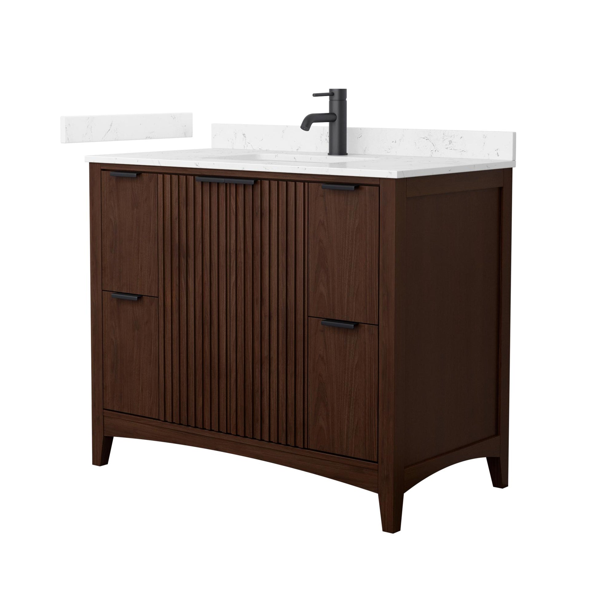 Wyndham Collection Palmilla 42" Single Bathroom Vanity in Dark Walnut, Carrara Cultured Marble Countertop, Undermount Square Sink (1-Hole), Matte Black Trim