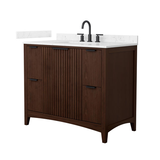 Wyndham Collection Palmilla 42" Single Bathroom Vanity in Dark Walnut, Carrara Cultured Marble Countertop, Undermount Square Sink (3-Hole), Matte Black Trim