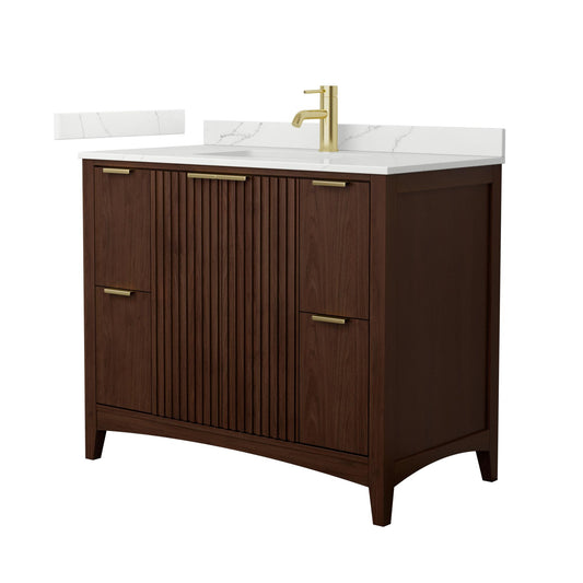 Wyndham Collection Palmilla 42" Single Bathroom Vanity in Dark Walnut, Giotto Quartz Countertop, Undermount Square Sink (1-Hole), Brushed Gold Trim