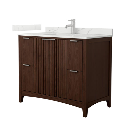 Wyndham Collection Palmilla 42" Single Bathroom Vanity in Dark Walnut, Giotto Quartz Countertop, Undermount Square Sink (1-Hole), Brushed Nickel Trim