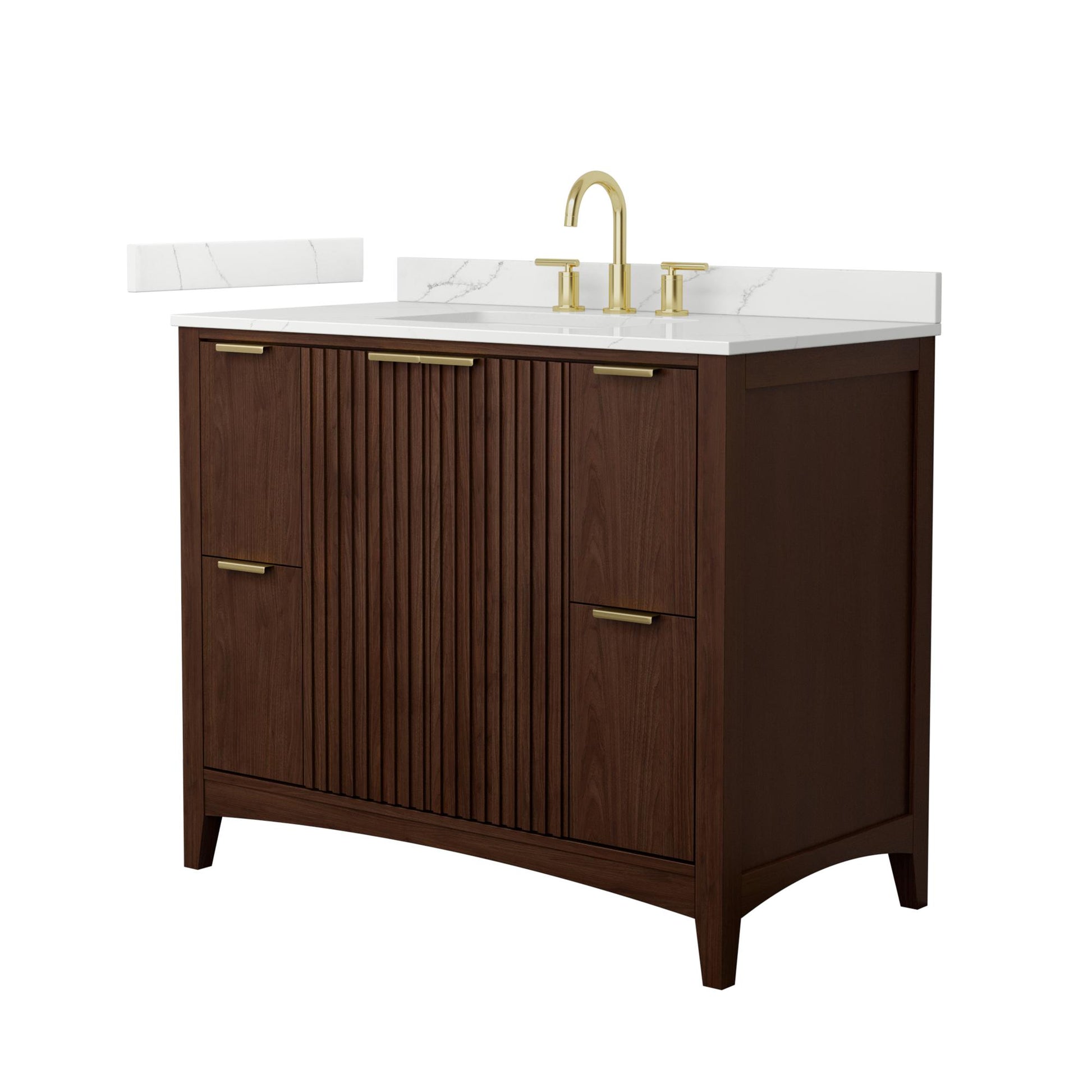 Wyndham Collection Palmilla 42" Single Bathroom Vanity in Dark Walnut, Giotto Quartz Countertop, Undermount Square Sink (3-Hole), Brushed Gold Trim