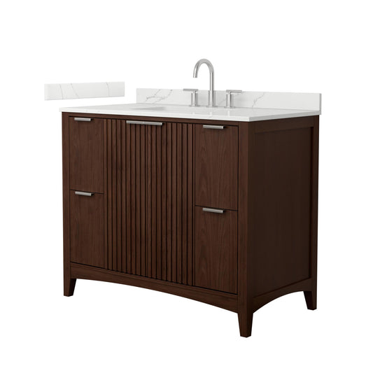 Wyndham Collection Palmilla 42" Single Bathroom Vanity in Dark Walnut, Giotto Quartz Countertop, Undermount Square Sink (3-Hole), Brushed Nickel Trim
