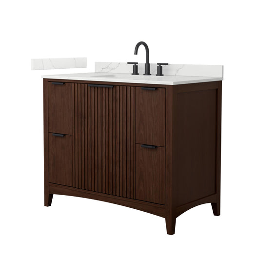 Wyndham Collection Palmilla 42" Single Bathroom Vanity in Dark Walnut, Giotto Quartz Countertop, Undermount Square Sink (3-Hole), Matte Black Trim