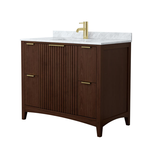 Wyndham Collection Palmilla 42" Single Bathroom Vanity in Dark Walnut, White Carrara Marble Countertop, Undermount Square Sink (1-Hole), Brushed Gold Trim