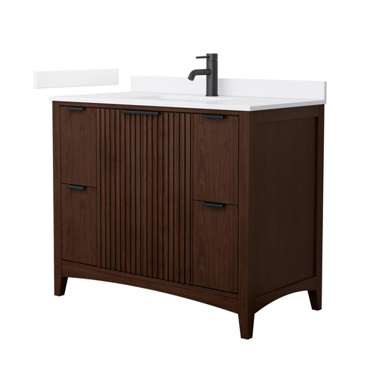 Wyndham Collection Palmilla 42" Single Bathroom Vanity in Dark Walnut, White Cultured Marble Countertop, Undermount Square Sink (1-Hole), Matte Black Trim