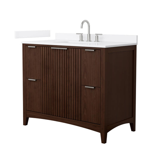 Wyndham Collection Palmilla 42" Single Bathroom Vanity in Dark Walnut, White Quartz Countertop, Undermount Square Sink (3-Hole), Brushed Nickel Trim