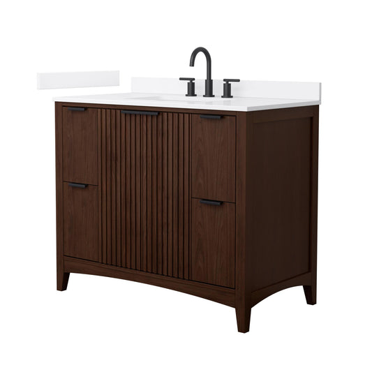 Wyndham Collection Palmilla 42" Single Bathroom Vanity in Dark Walnut, White Quartz Countertop, Undermount Square Sink (3-Hole), Matte Black Trim