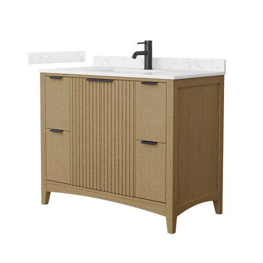 Wyndham Collection Palmilla 42" Single Bathroom Vanity in Natural Oak, Carrara Cultured Marble Countertop, Undermount Square Sink (1-Hole), Matte Black Trim