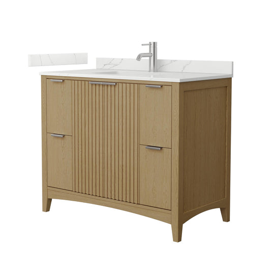 Wyndham Collection Palmilla 42" Single Bathroom Vanity in Natural Oak, Giotto Quartz Countertop, Undermount Square Sink (1-Hole), Brushed Nickel Trim
