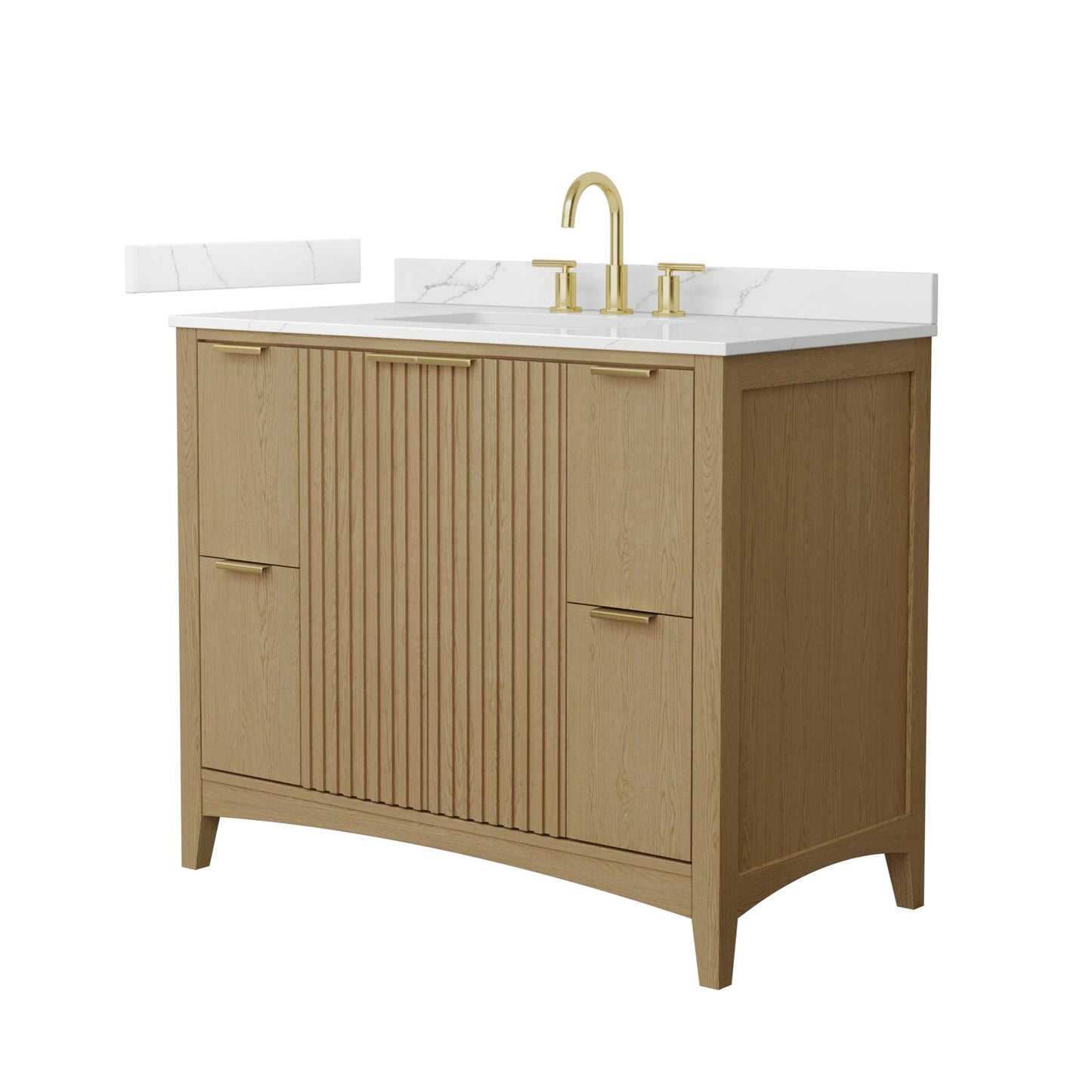 Wyndham Collection Palmilla 42" Single Bathroom Vanity in Natural Oak, Giotto Quartz Countertop, Undermount Square Sink (3-Hole), Brushed Gold Trim