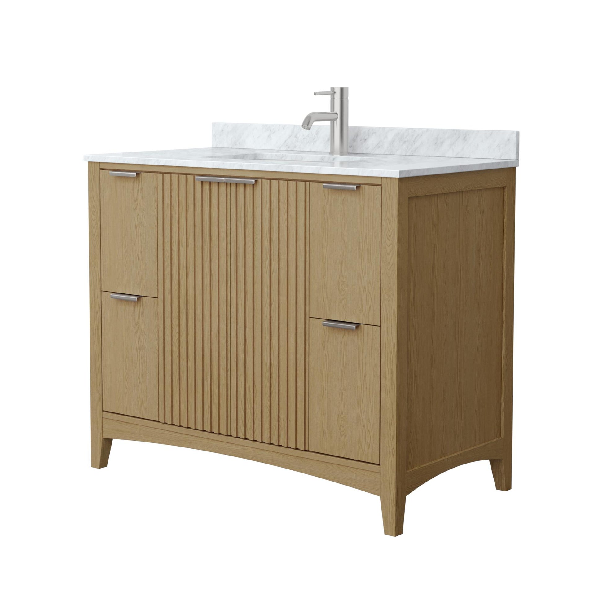 Wyndham Collection Palmilla 42" Single Bathroom Vanity in Natural Oak, White Carrara Marble Countertop, Undermount Square Sink (1-Hole), Brushed Nickel Trim