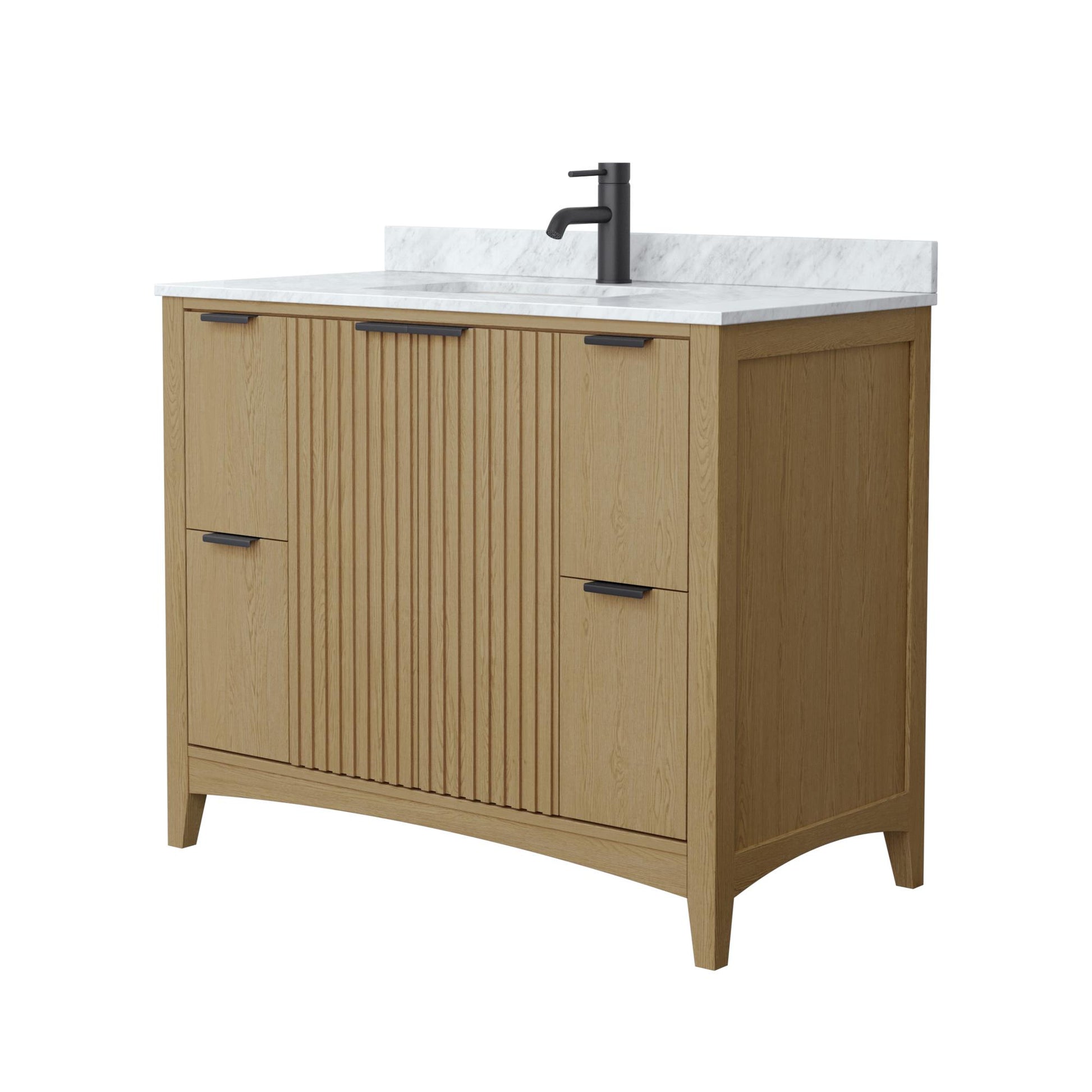 Wyndham Collection Palmilla 42" Single Bathroom Vanity in Natural Oak, White Carrara Marble Countertop, Undermount Square Sink (1-Hole), Matte Black Trim