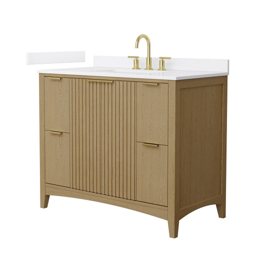 Wyndham Collection Palmilla 42" Single Bathroom Vanity in Natural Oak, White Cultured Marble Countertop, Undermount Square Sink (3-Hole), Brushed Gold Trim