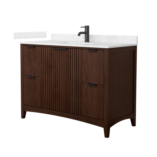 Wyndham Collection Palmilla 48" Single Bathroom Vanity in Dark Walnut, Carrara Cultured Marble Countertop, Undermount Square Sink (1-Hole), Matte Black Trim