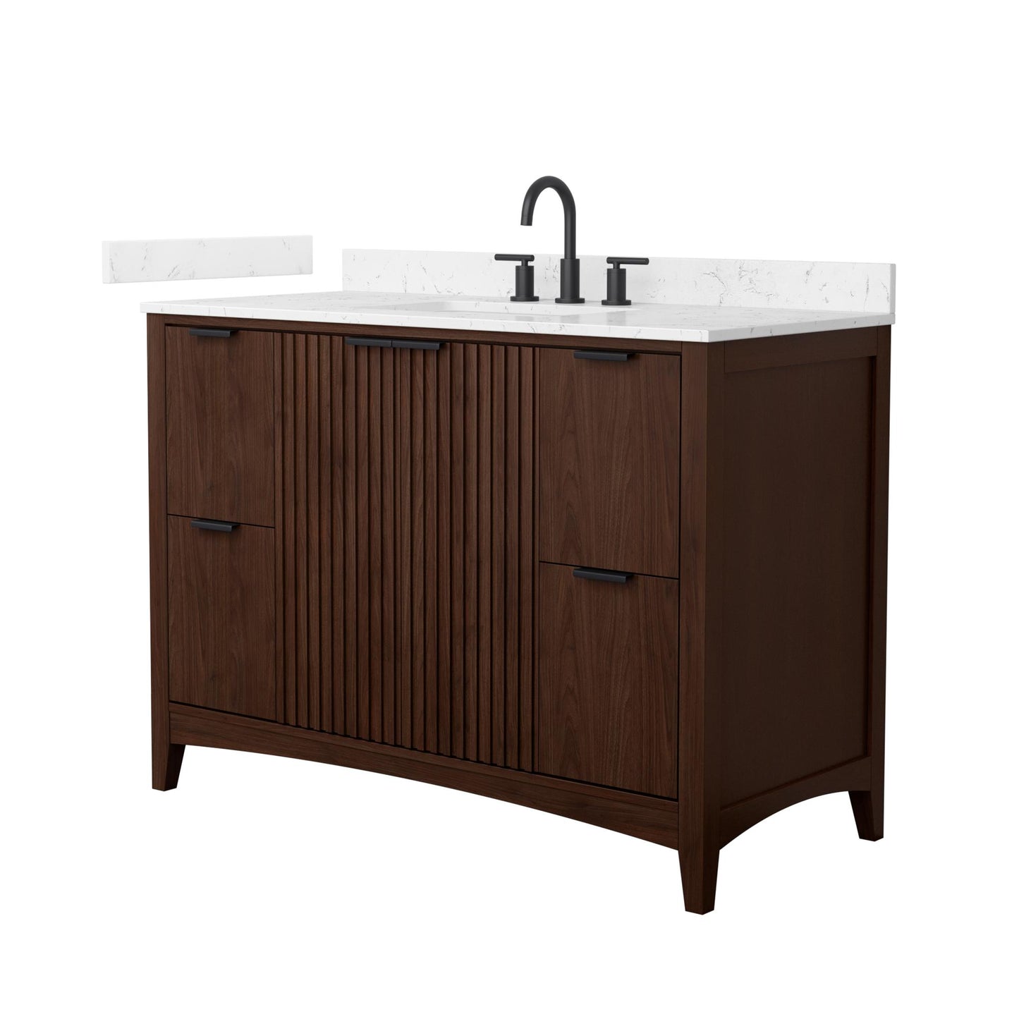 Wyndham Collection Palmilla 48" Single Bathroom Vanity in Dark Walnut, Carrara Cultured Marble Countertop, Undermount Square Sink (3-Hole), Matte Black Trim