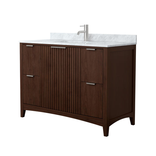 Wyndham Collection Palmilla 48" Single Bathroom Vanity in Dark Walnut, White Carrara Marble Countertop, Undermount Square Sink (1-Hole), Brushed Nickel Trim