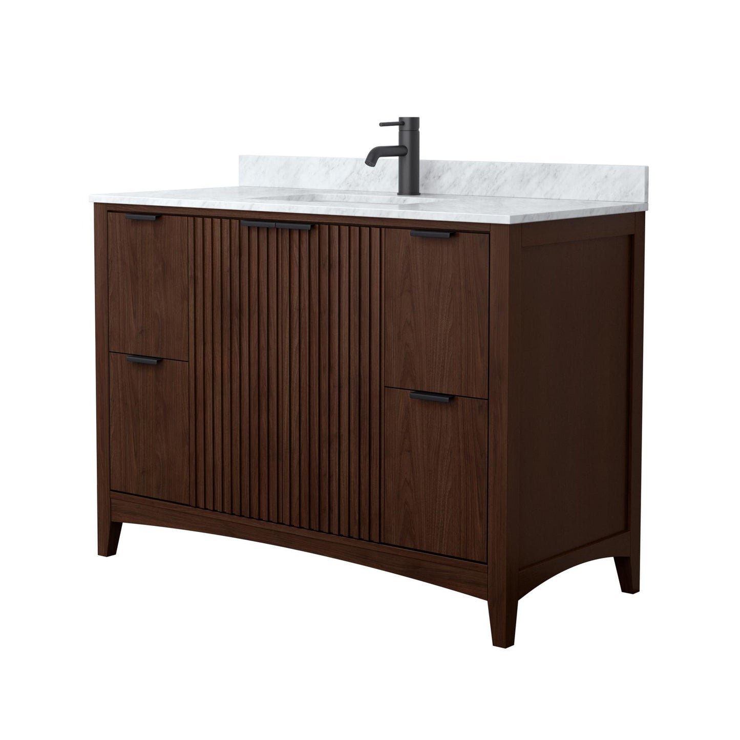Wyndham Collection Palmilla 48" Single Bathroom Vanity in Dark Walnut, White Carrara Marble Countertop, Undermount Square Sink (1-Hole), Matte Black Trim