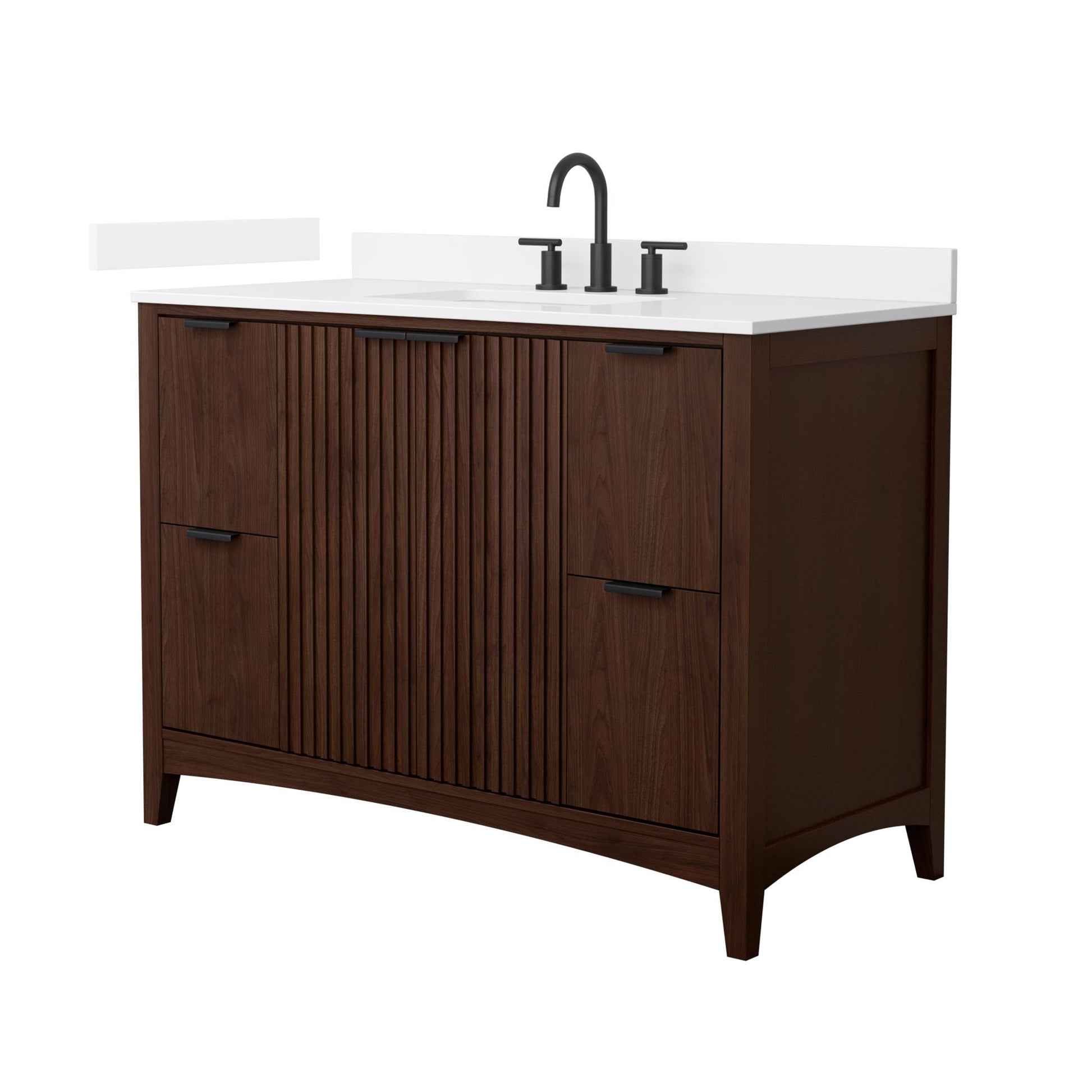 Wyndham Collection Palmilla 48" Single Bathroom Vanity in Dark Walnut, White Cultured Marble Countertop, Undermount Square Sink (3-Hole), Matte Black Trim